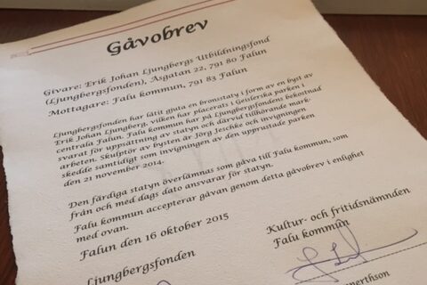 Gåvobrev från Ljungbergsfonden till Falu kommun 2016